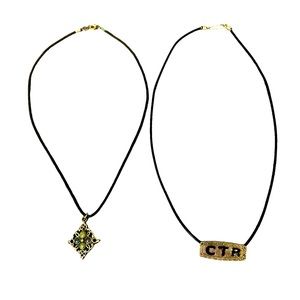 Mormon CTR & Blue stone pendant pair necklaces w faux black leather chain